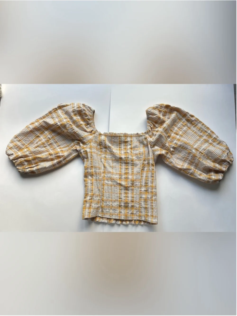 Anthropologie Maeve Seersucker Puff Sleeve Top Small Yellow Plaid Cottagecore